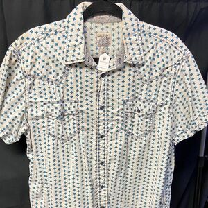 White and Blue Geometric Button Down Shirt